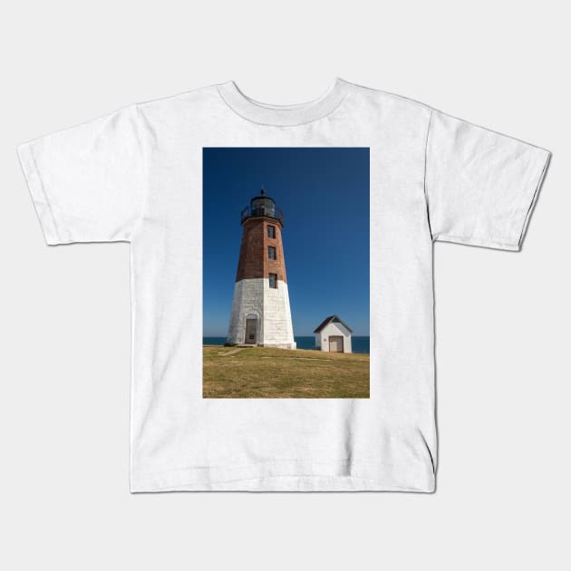 Point Judith Lighthouse Blue Sky Kids T-Shirt by mcdonojj